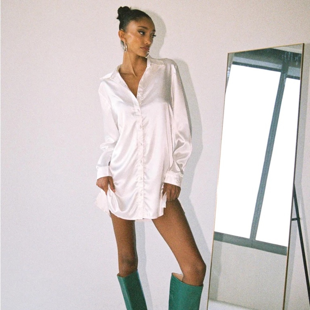 PRINCESS POLLY 90210 SATIN SHIRT MINI DRESS WHITE